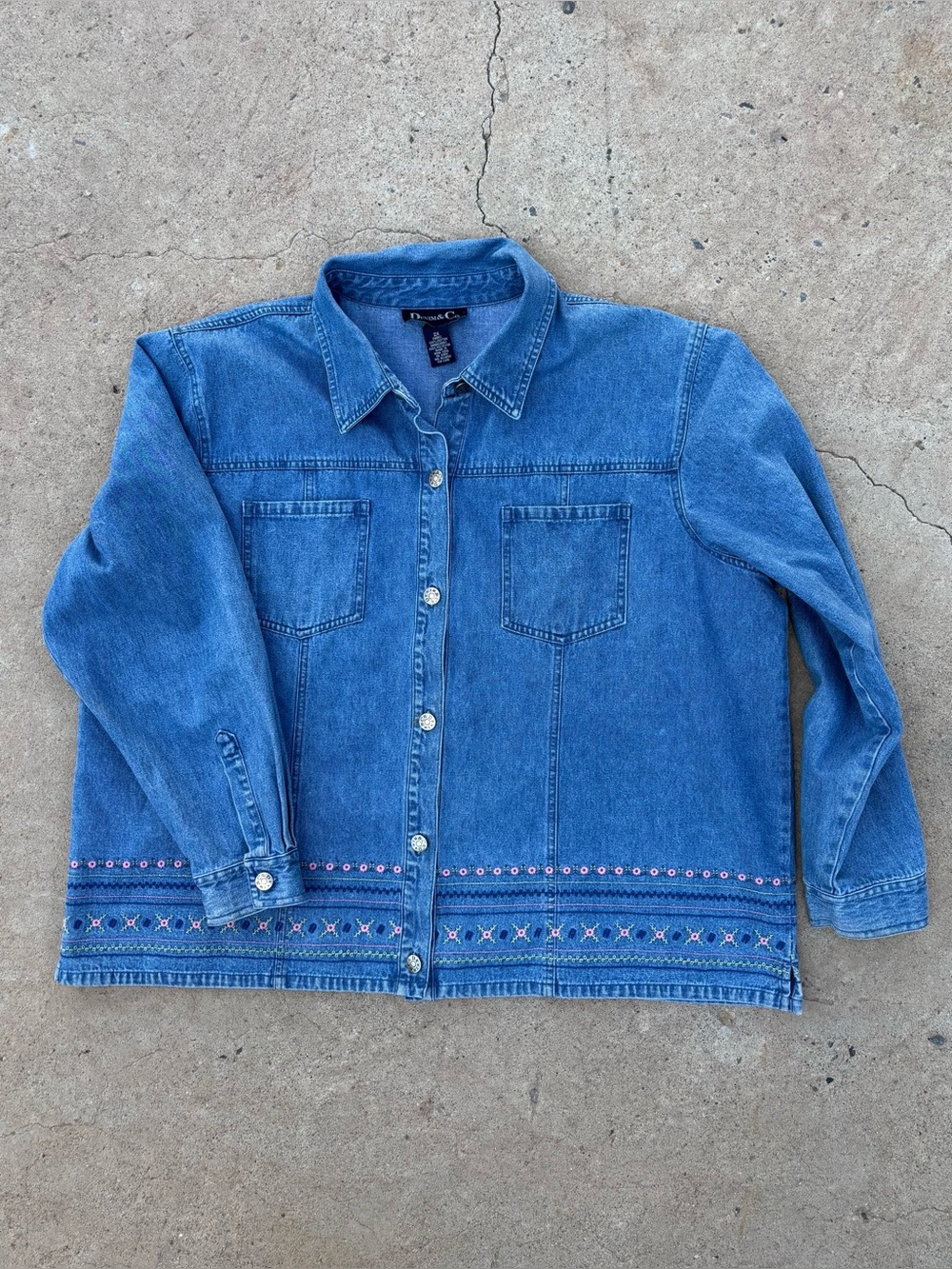 Ladies Denim & Co 100% Cotton Jacket with Embroidered Hem Size 2X, Y2K Boho